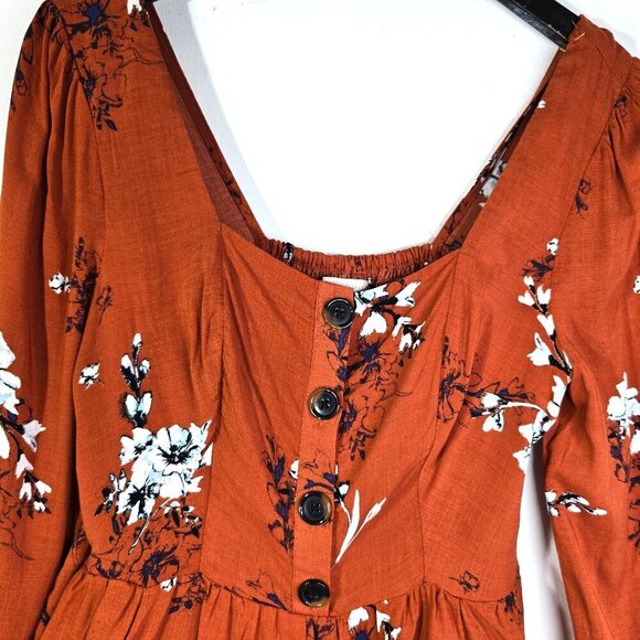 NWT Urban Outfitters High Rise Romper Puff Sleeve Brown Orange Medium - Picture 4 of 10